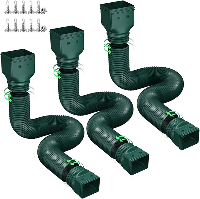 Rain Gutter Downspout Extensions, Downspout Extender for Rainwater Drainage Flexible, Down Spout Drain Extension Pipe and Extendable from 21 to 66 Inches (3 Pack, Green)