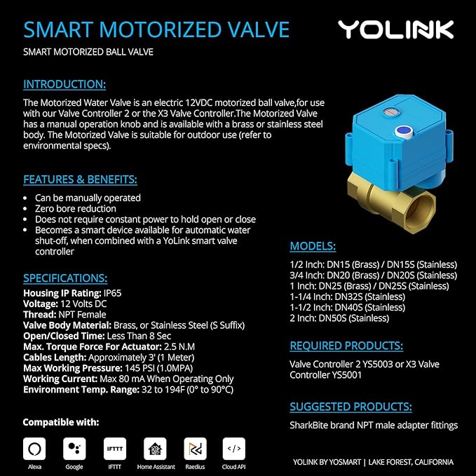YoLink Wireless Smart Valve Control Kit, 1" Brass Motorized Valve, Wireless Controller 2, LoRa Long Range, D2D Offline with Leak Sensors, 12V Adapter with 2 Years Battery Backup