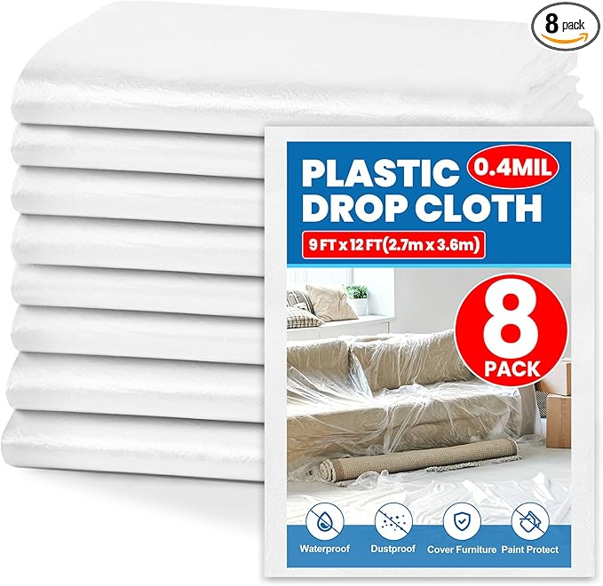 8 Pack Plastic Drop Cloth, 9 x 12 Feet Plastic Sheeting, Painter's Sheeting & Tarps for Painting, Dustproof Painters Plastic Tarp for Furniture Cover