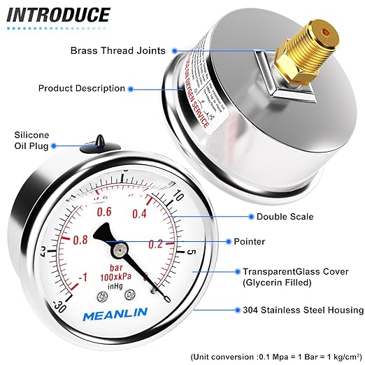 MEANLIN MEASURE -30inHG~0Psi Stainless Steel 1/8" NPT 2.5" FACE DIAL Vacuum Pressure Gauge, Center Back Mount, with 1/4" NPT and 3/8" NPT Hex Bushing