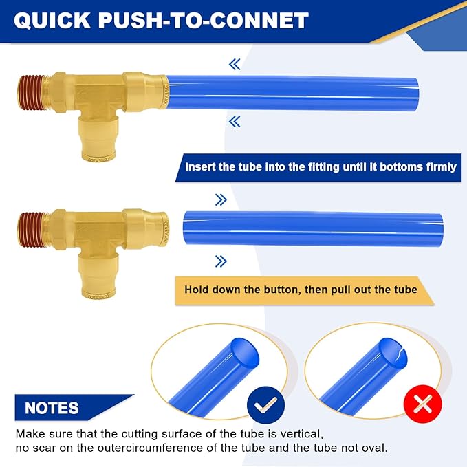 3/8" DOT Brass Air Line Fittings, 3PCS 3/8" OD Tube 1/4" Side NPT Brass Tee Union Push to Quick Connect Air Hose Fittings