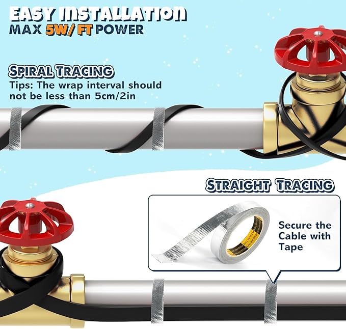 3~100FT Heat Tape for Water Pipes, UL & ETL Certified 25 FT Self-Regulating Pipe Heating Cable with Thermostat for Pipe Freeze Protection, Waterproof Heat Tape for Metal and Plastic Pipes,Black
