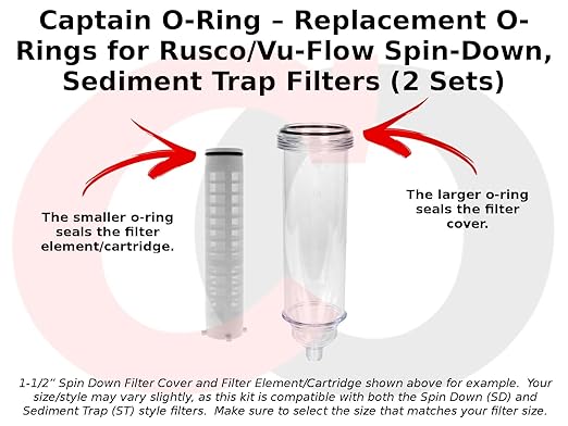 Captain O-Ring – Replacement O-Rings for Rusco/Vu-Flow Spin-Down, Sediment Trap Filters (2 Sets) [Select Size .75OR, 1OR, 1.5OR, or 2OR] (1.5" Filter (1.5OR) - 2 Sets)