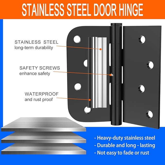 3-Pack Stainless Steel Hinges, Exterior Door Hinge, Ball Bearing Door Hinge, 4 inches, Right - Angle with 5/8 - inch Rounded Corners, Heavy - Duty Hinge, Suitable for Commercial Indoor and Outdoor Use
