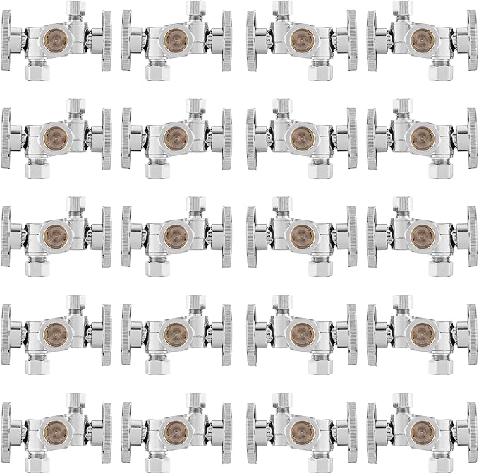 20-PCs HeSun Dual Shut Off Angle Valve, 1/2" Nominal (5/8"OD) x 3/8" OD x 1/4" OD Compression, 1/4-Turn Stop Valve with 2 Shut Offs, PEX Chrome Plated Brass(VALVE137-20)