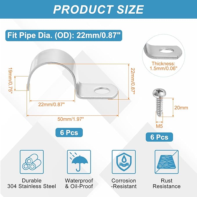 uxcell 6Pcs 22mm(7/8") One Hole Rigid Pipe Strap, 304 Stainless Steel Conduit Clamp Thicken U Bracket Heavy Duty Pipe Clamp with Self-Tapping Screws for Fixing Tube Cable, Silver