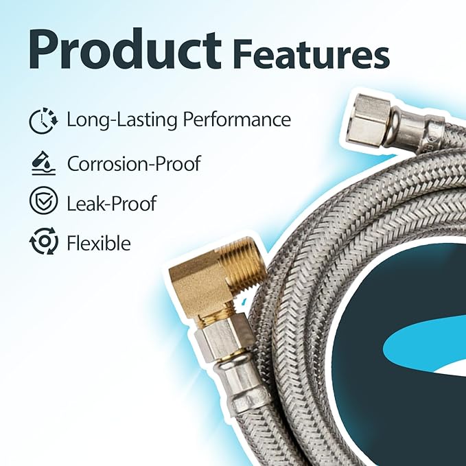 (50 Pack) Seelink 10FT Stainless Steel Dishwasher Hose, 3/8" COMP x 3/8" MIP 90 Degree Elbow, Brust Proof Water Supply Line