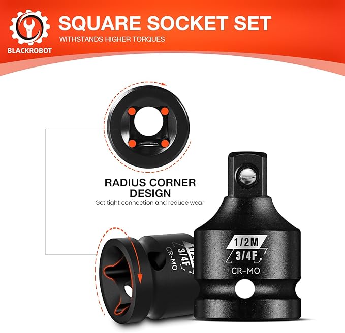 BLACKROBOT 3/4”F To 1/2”M Impact Socket Adapter, Cr-Mo Steel Exceeds ANSI Standards, Square Drive Reducer for Impact Driver Wrench
