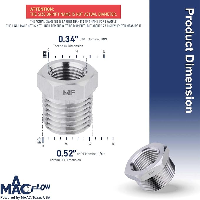 MAACFLOW Stainless Steel 1/4" Male NPT to 1/8" Female NPT Adapter Reducer Hex Bushing (Thread OD 0.52" - ID 0.34") (Pack of 1)