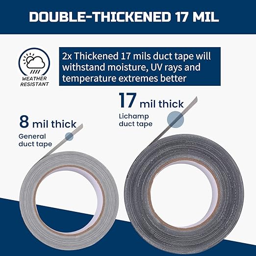 Lichamp Black Duct Tapes Heavy Duty, 17 Mil Waterproof No Residue Clear Duct Tape for Packaging Taping Sealing Repairing Tying, Thick & Wide Tape for DIY or Commercial Use, 2 inches x 25 Yards