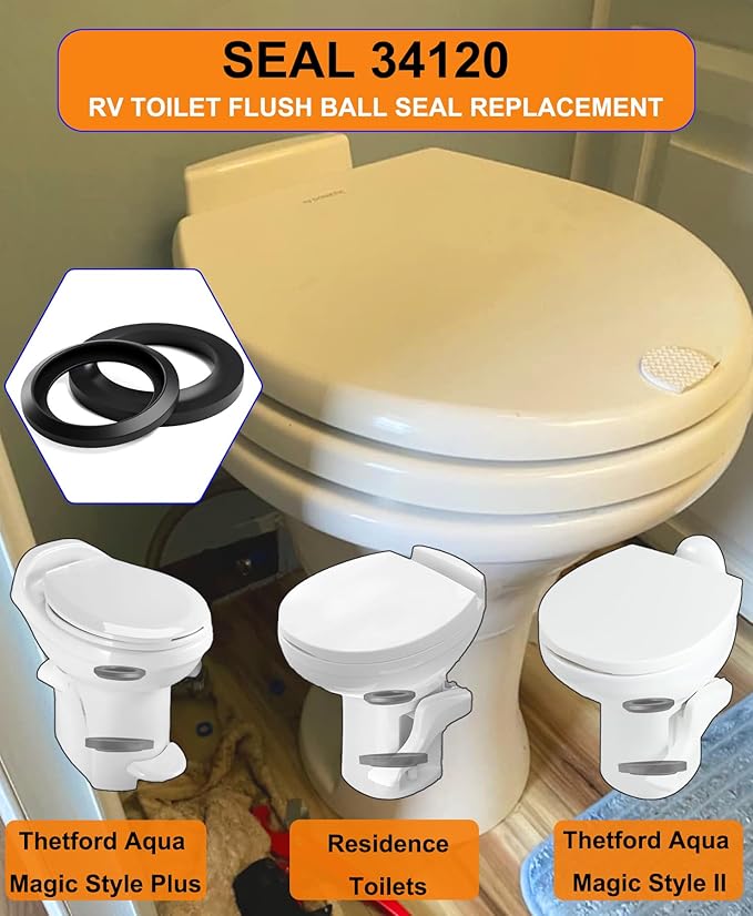 RV Toilet Seal Kit Replacement for Thetford 34120 & 12524, Compatible with Aqua Magic Style Plus, Style II, Style Lite & Residence Toilets, Leak Proof Waste Ball Seal and Floor Seal Kit