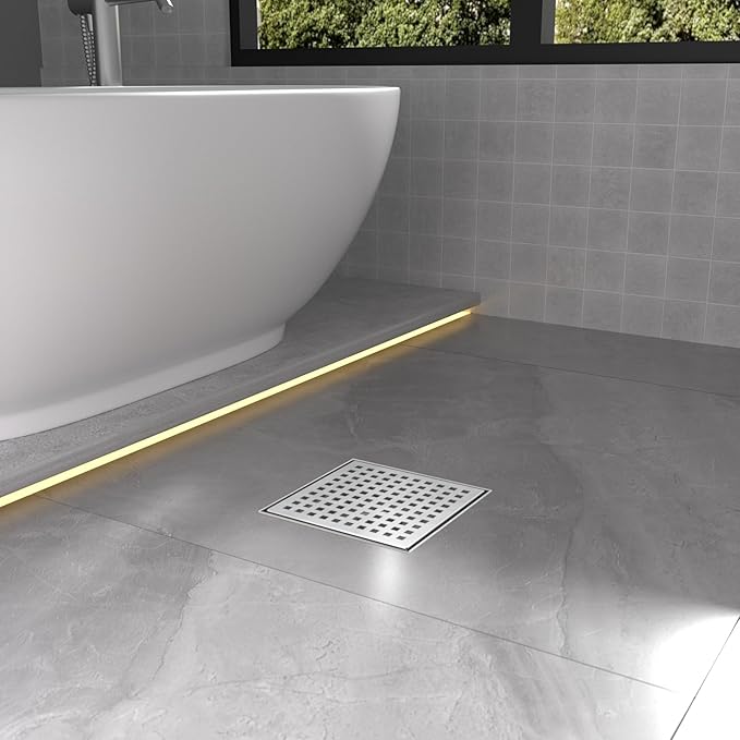 Square Shower Drain | 6 Inch AISI 304 Stainless Steel Shower Drain Kit with ABS Flange, Hair Strainer, Brushed Nickel Shower Floor Drain with Removable Grid Cover, in Bathroom, Kitchen, Balcony etc.