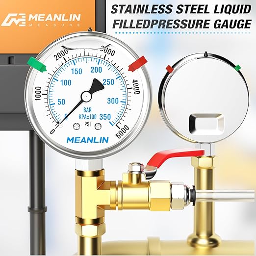 MEANLIN MEASURE 0~5000Psi Liquid Filled Pressure Gauge Stainless Steel 2.5" FACE DIAL 1/4" NPT 316 Stainless Steel Joint for WOG Water Oil Air Lower Mount, with 2PCS Snaps