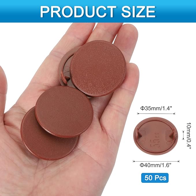 uxcell 50Pcs Plastic Hole Plugs, 1-2/5"(35mm) Flush Type Panel Round Screw Caps Cover Fastener Knockout Locking Plugs for Furniture Insert End Caps Panels, Red Brown