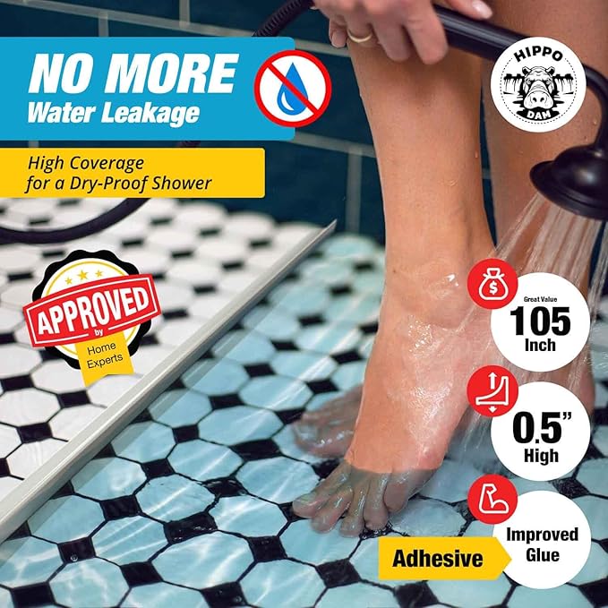 Shower Threshold Water Dam Barrier 105" - White Collapsible Shower Water Blocker - Guard for Walk in Shower - Water Guard Stopper for Floor - Shower Door Water Blocker by Hippo Dam
