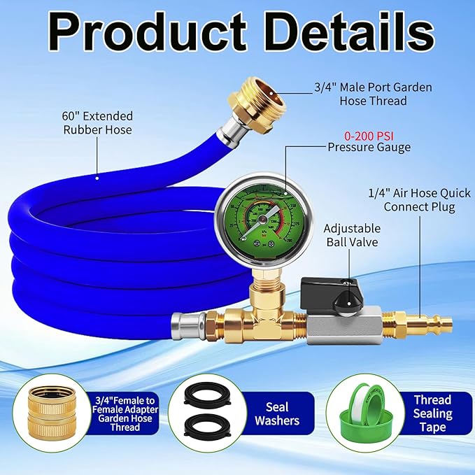 RV Winterizing Kit with Pressure Gauge, 60inch RV Winterize Hose with 3/4" GHT Blow Out Fitting Adaptor & 1/4" Quick Connect Plug, Sprinkler Winterization Kit for Camper, Boat, Travel Trailer, Blue