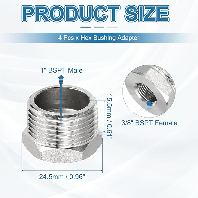 PATIKIL 304 Stainless Steel Reducer Hex Bushing 2 Pcs, 1" BSPT Male to 3/8" BSPT Female Pipe Reducing Adapter Fitting Connector for Water Gas Hydraulic Pipes Shower Hose, Silver