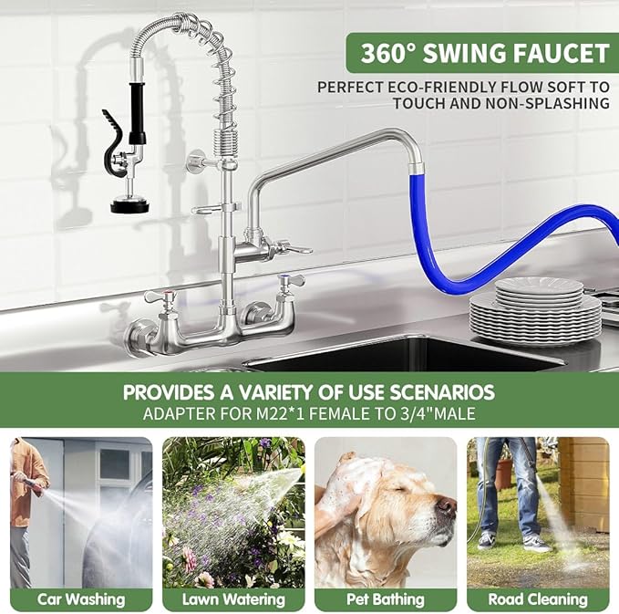 Commercial Sink Faucet,TOLSUNY Commercial Kitchen Faucet Wall Mount with Pre Rinse Sprayer,Wall Mounted Kitchen Sink Faucet for Industrial and Restaurant Sinks. (Classic, 25)