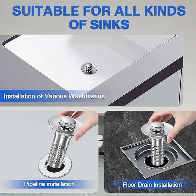 Sink Stopper Hair Catcher, Pop-up Sink Drain Strainer with Removable Stainless Steel Strainer Basket Hair Catcher, Bathroom Sink Strainer for Bathroom Sink Stopper Replacement(New/2PCS)