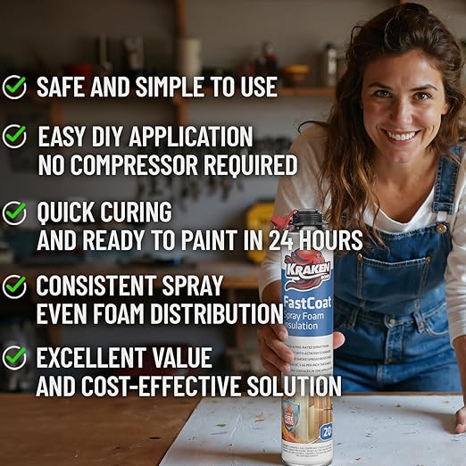 Kraken Bond Fastcoat Fire Rated Spray Foam Insulation (24x27.1 oz.) (R-Value 11.32 / 2in) Closed Cell Expanding Foam - Heat and Acoustic Insulation, Gun & Cleaner Included, 480 Board Ft, 24 Pack