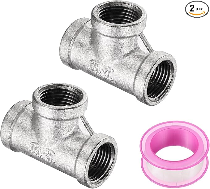 uxcell 2 Pcs 304 Stainless Steel Tee Pipe Fittings G1/2" Female Tee Adapter 3 Way t Shaped Cast Pipe Fitting Connector with Seal Tape for Plumbing Drainage Pipes Heating Systems