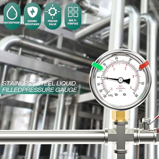 -30inHG-60PSI Stainless Steel Liquid Filled Pressure Gauge, 2.5" Dial Size, 1/8" NPT Lower Mount, for Tube, Water Pump, Gas, Liquid, Pressure Test (with Range Mark Pointer)
