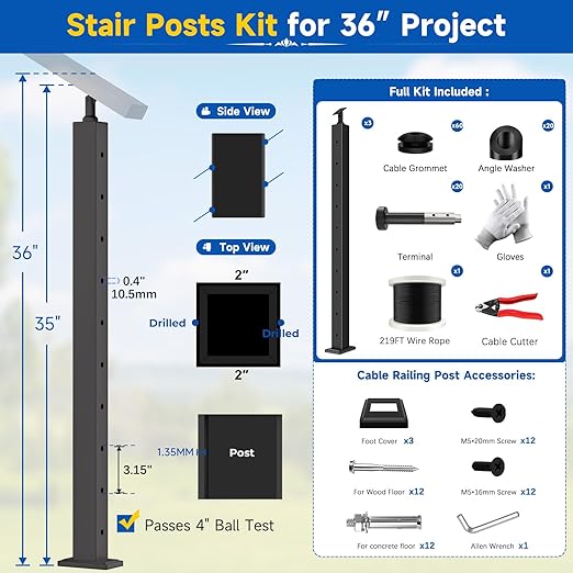 Upgraded 8-20FT Swageless Black Stair Cable Railing Post Kit 36 Inch, 3 Heavy-Duty T304 Stainless Steel Post Fit 28-38 Degree Stairway, Patent Reusable Terminal, Outdoor Finish(No Handrail)
