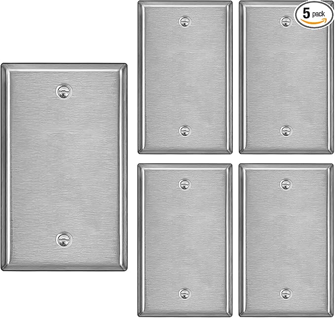 BESTTEN 5 Pack 1-Gang Blank Metal Wall Plate with Ｗhite or Clear Plastic Film, No Device Stainless Steel Wallplate, Durable Corrosion-Resistant Industrial Grade, H4.53” x W2.76”, Brushed Finish