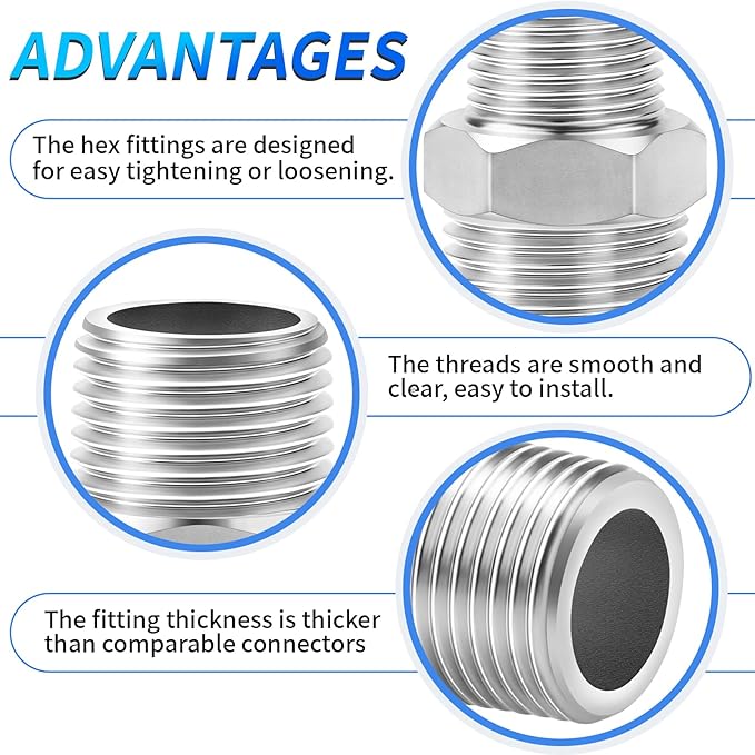 ChillWaves 304 Stainless Steel Pipe Fitting, Reducer Hex Nipple 1/4" NPT Male x 1/8" NPT Male Thread Adapter(6-PACK)
