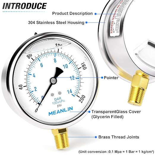 MEANLIN MEASURE 0~200Psi Stainless Steel 1/4" NPT 4" FACE DIAL Liquid Filled Pressure Gauge WOG Water Oil Air Lower Mount, with 1/4" x 1/2" NPT and 1/4" x 3/8" NPT Hex Bushing