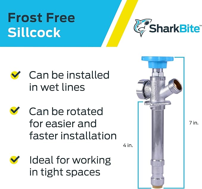 SharkBite 4 Inch Frost Free Sillcock, 1/2 x 3/4 Inch MHT, Push to Connect Brass Plumbing Fitting, PEX Pipe, Copper, CPVC, PE-RT, HDPE, 25743LF