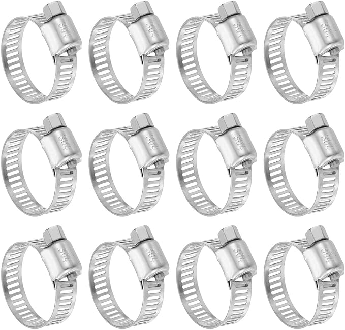 HARFINGTON 12 Pcs Hose Clamp 5/8"-1" (16-25mm) 304 Stainless Steel Adjustable Worm Gear Hose Clamp with Phillips Screw Assortment Kit for Fuel Line Pipe Plumbing Automotive Tube