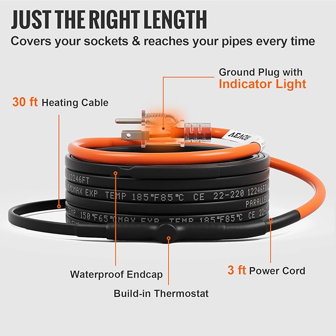VEVOR Self-Regulating Pipe Heating Cable, 30-feet 5W/ft Heat Tape for Pipes Freeze Protection, Protects PVC Hose, Metal and Plastic Pipe from Freezing, 120V