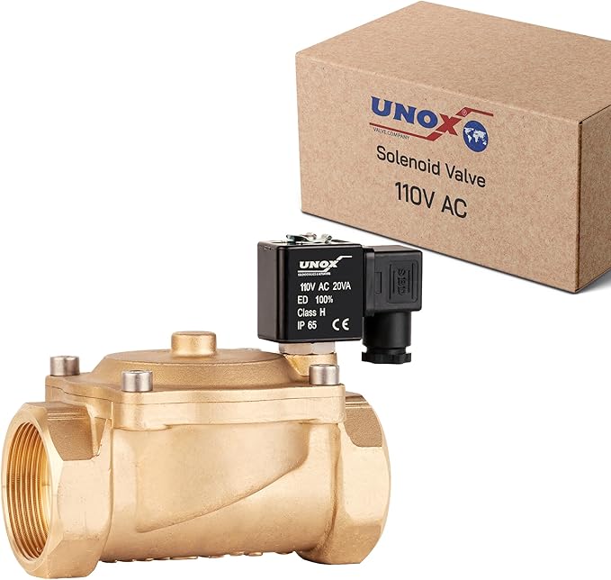 UNOX 1 1/2" NPT Solenoid Valve 110V AC, Brass Control Valve Normally Closed - 7-232 PSI Multi-Purpose Reliable Control Valve for Water, Air, and Gas - Solenoid Valves