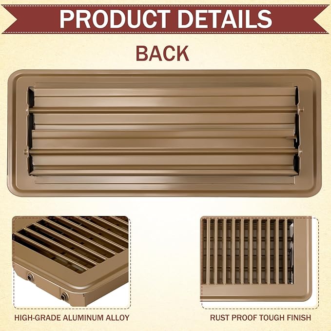 Retisee 4x12 Inches Floor Vent Covers Heavy Duty Floor Register Easy Installation Metal Heat Vent Covers with Rust Proof Finish for Home(Brown,4 Pcs)