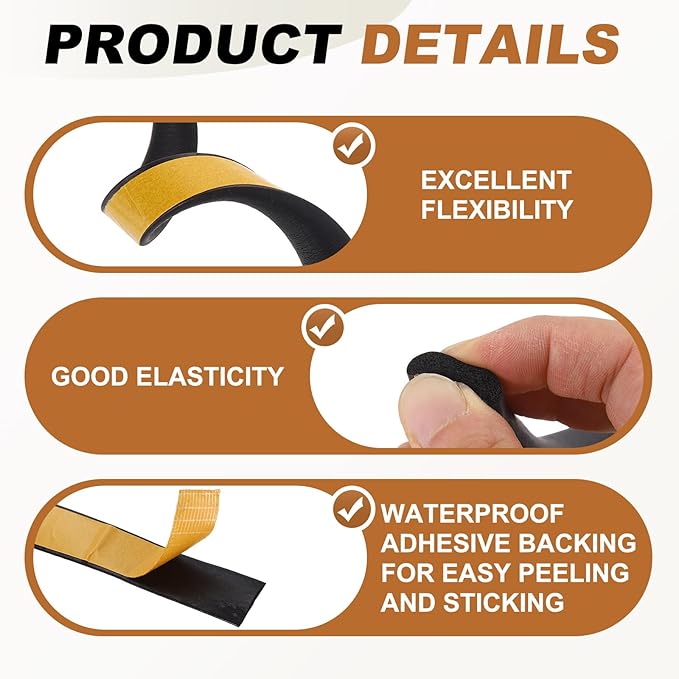 PATIKIL 6.6FT Solid Rubber Weather Stripping, 1 1/6" W x 1/2" H Self Adhesive D Shape EPDM Rubber Seal Strip Gasket for Door Frame Window Insulation RVs Furniture Cabinets, Black