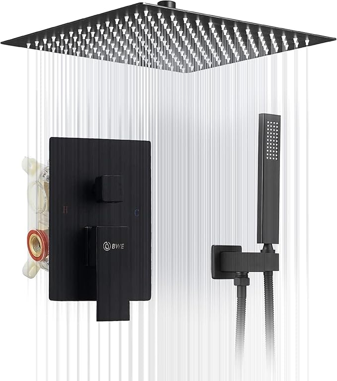 BWE Black Shower Faucet 16 Inch Square Luxury Rain Mixer Shower System Sets Complete 2-Functions Pressure Balancing Ceiling Mount Rainfall Rough-in Valve Body and Trim Included