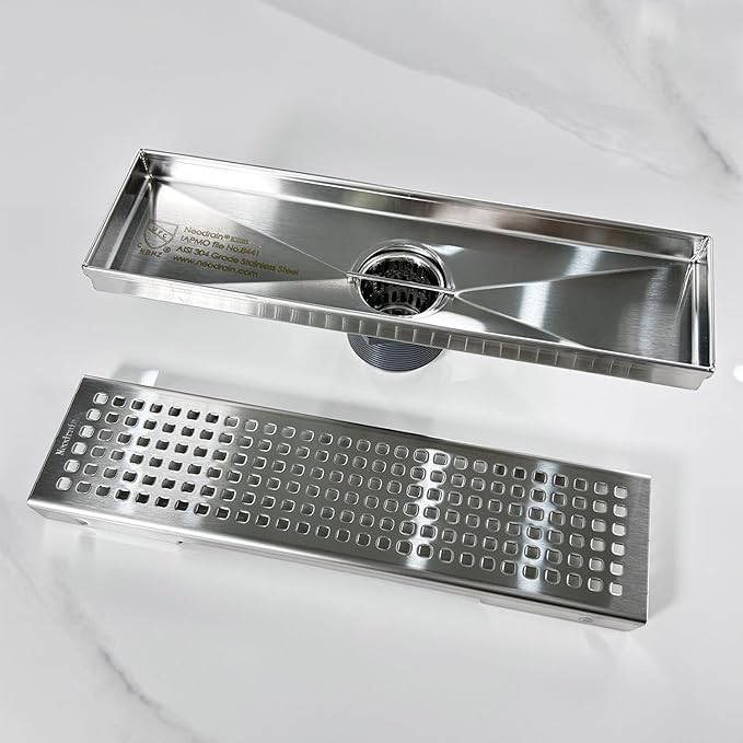 Neodrain 12-Inch Linear Shower Drain with Removable Grate, Professional Brushed 304 Stainless Steel Rectangle Shower Floor Drain Manufacturer, Linear Drain with Hair Strainer