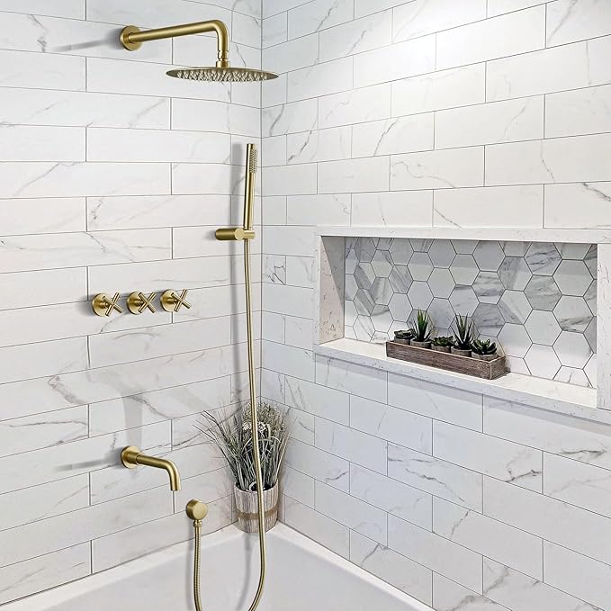 RBROHANT Brushed Gold Shower System with Tub Spout, Brass Bathtub Shower Faucet Set with 3 Way Rough-in Valve,10 Inch Round Shower Head Set with Tub Spout and Handheld, JK0299