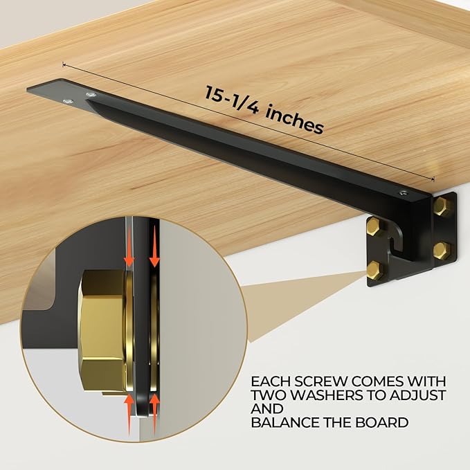 Heavy Duty Shelf Brackets 16 Inch, 1500 lbs Capacity, Hooks for Wall Mounted Shelves, L-Shaped Floating Shelf Brackets with Hanging (Black 2 Pack)