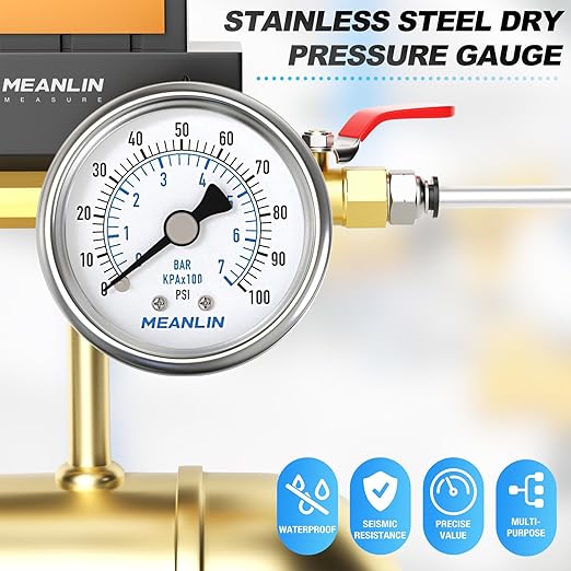 MEANLIN MEASURE 0~100Psi Dry Pressure Gauge Stainless Steel 1/8" NPT 2" FACE DIAL Waterproof for Well Pump Water Tire Water Pressure Tester Back Mount with 1/4" NPT and 3/8" NPT Hex Bushing
