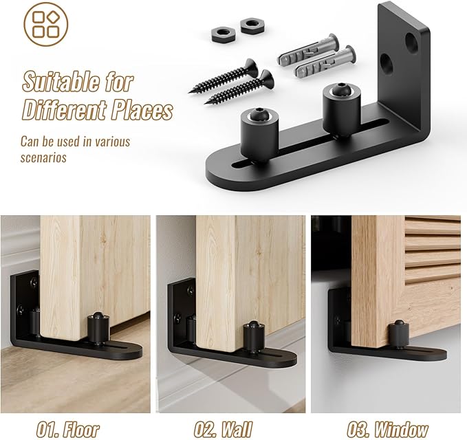 2 Pack Sliding Barn Door Bottom Floor Guide, Wall Mounted Roller Guides Ball Bearings Adjustable Stay Roller, Flat Bottom Design Style, Black