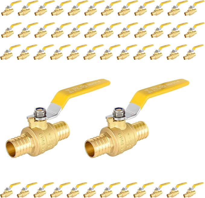50-Pack Foskan 1 Inch PEX Crimp Full Port Ball Valve with Yellow Handle, Brass Quarter Turn Shut-off Valve for PEX Tubing
