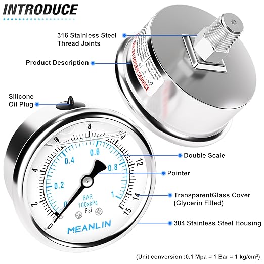 MEANLIN MEASURE 0~15Psi Liquid Filled Pressure Gauge Stainless Steel with 316 Stainless Steel Joint 1/4" NPT 2.5" FACE DIAL for Water Oil Air Well Pump Tank Tire Pressure Test Center Back Mount