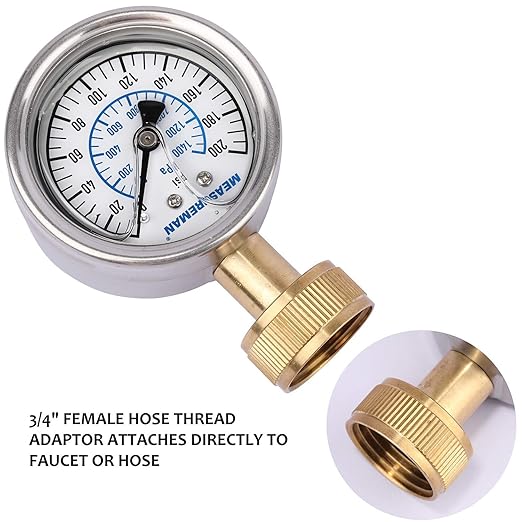 MEASUREMAN 2-1/2" Glycerin Filled Stainless Steel Water Pressure Test Gauge, 3/4" Female Hose Thread, 0-200 psi/kpa