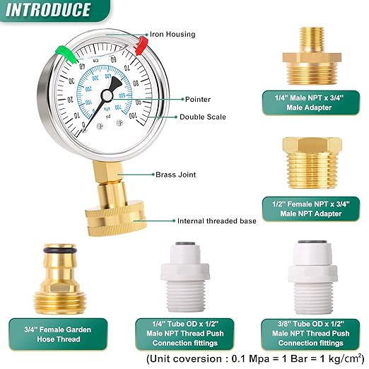 0-100PSI Stainless Steel Water Pressure Gauge Kit, 2.5" Dial Size, 3/4" Brass Female Lower Mount, with Sealing Ring, Plus 5 adapters, for Checking Gardens, Water Pipes, Multiple Systems
