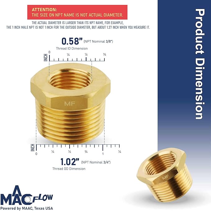 MAACFLOW brass 3/4" Male NPT to 3/8" Female NPT Adapter Reducer Hex Bushing (Thread OD1.02" - ID 0.58") (Pack of 1)