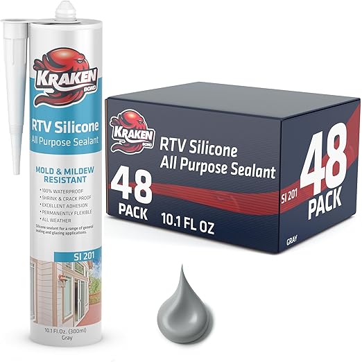 Kraken Bond Gray Silicone Sealant Waterproof%100-10 fl oz Cartridge - RTV Silicone Caulk Bathroom and Kitchen, All Purpose, Window Caulking Sealant Outdoor, RV, Exterior Use Silicon - 48 Pack