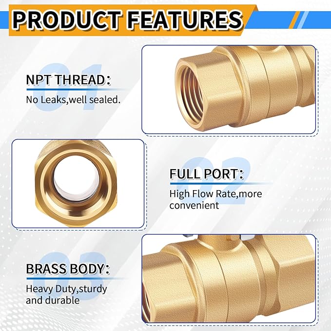 Boltigen 3/4 inch Forged Brass Ball Valve, 2Pack Heavy Duty Full Port Shut Off Valve with Double Female NPT Threaded, 600 WOG Long Handle Metal Plumbing Full Bore Control Valve Pipe Connector Fitting