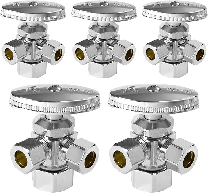 (Pack of 5) Seelink Multi-Turn Dual Outlet Angle Stop Valve, 1/2" NOM (5/8" OD) Inlet x 3/8" OD Outlet x 3/8" OD Outlet, Chrome Plated Brass